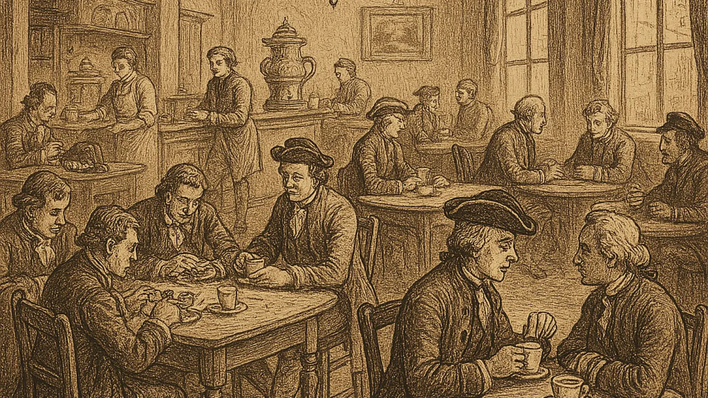 An antique illustration depicting early Viennese coffee houses bustling with patrons
