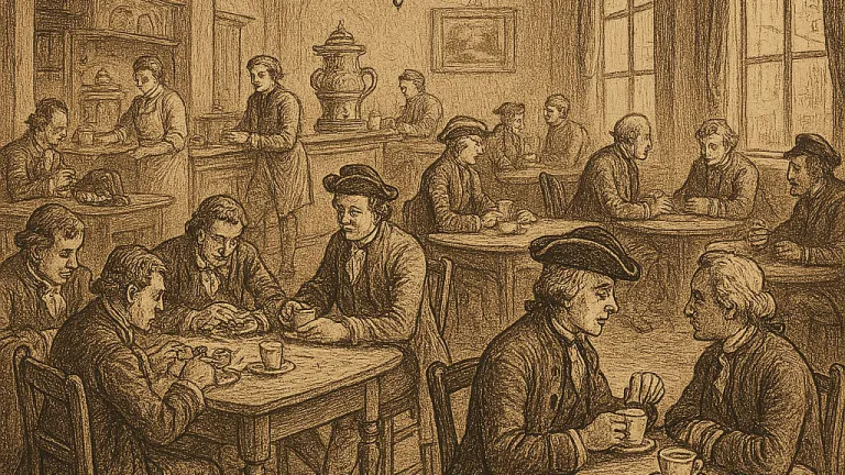 An antique illustration depicting early Viennese coffee houses bustling with patrons